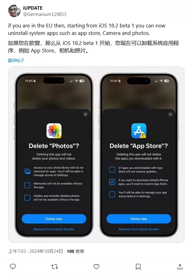 隆化苹果手机维修分享iOS 18.2 支持删除 App Store 应用商店 