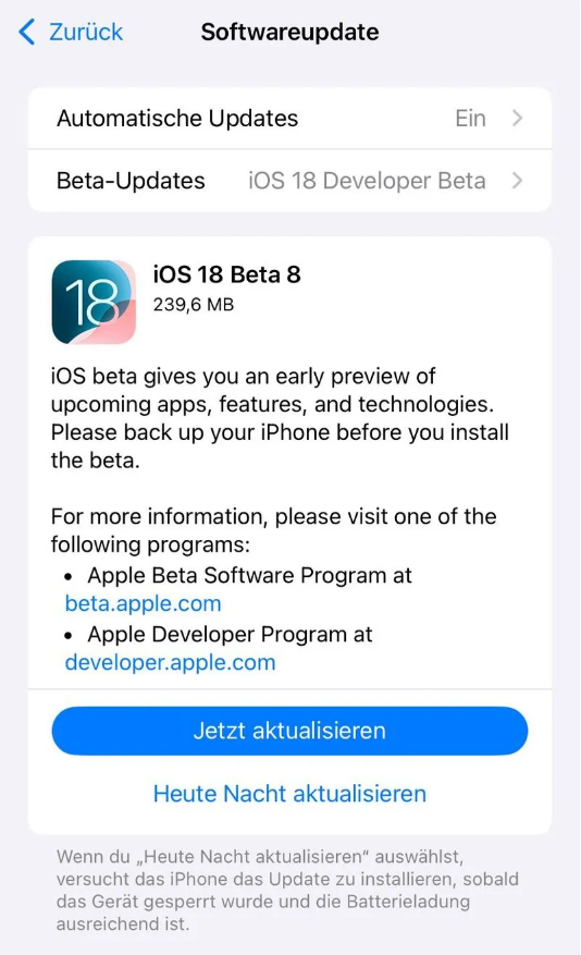 隆化苹果手机维修分享苹果 iOS / iPadOS 18 开发者预览版 Beta 8 发布 